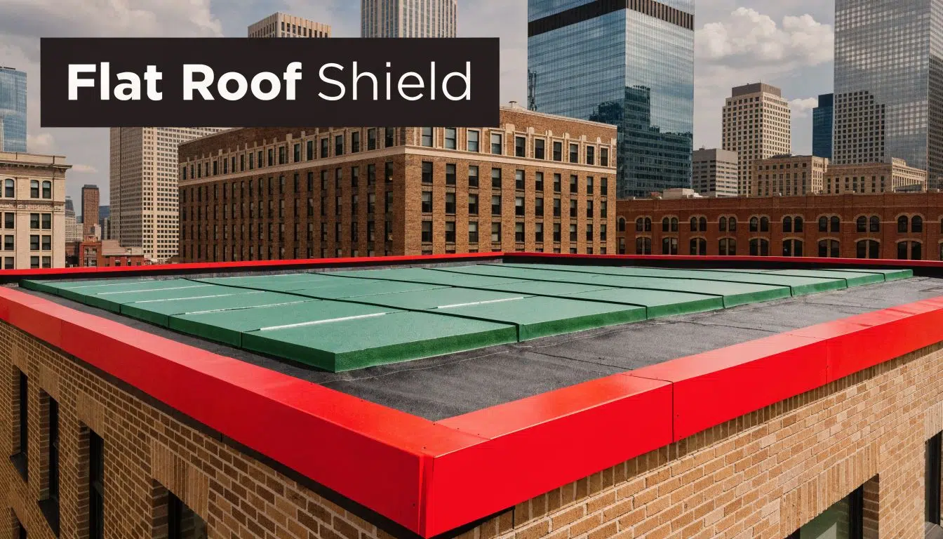 Best Roofing Materials for Flat Roofs: A Chicago Guide 1 A modern building rooftop featuring a green modular roofing system with a protective red border edge.