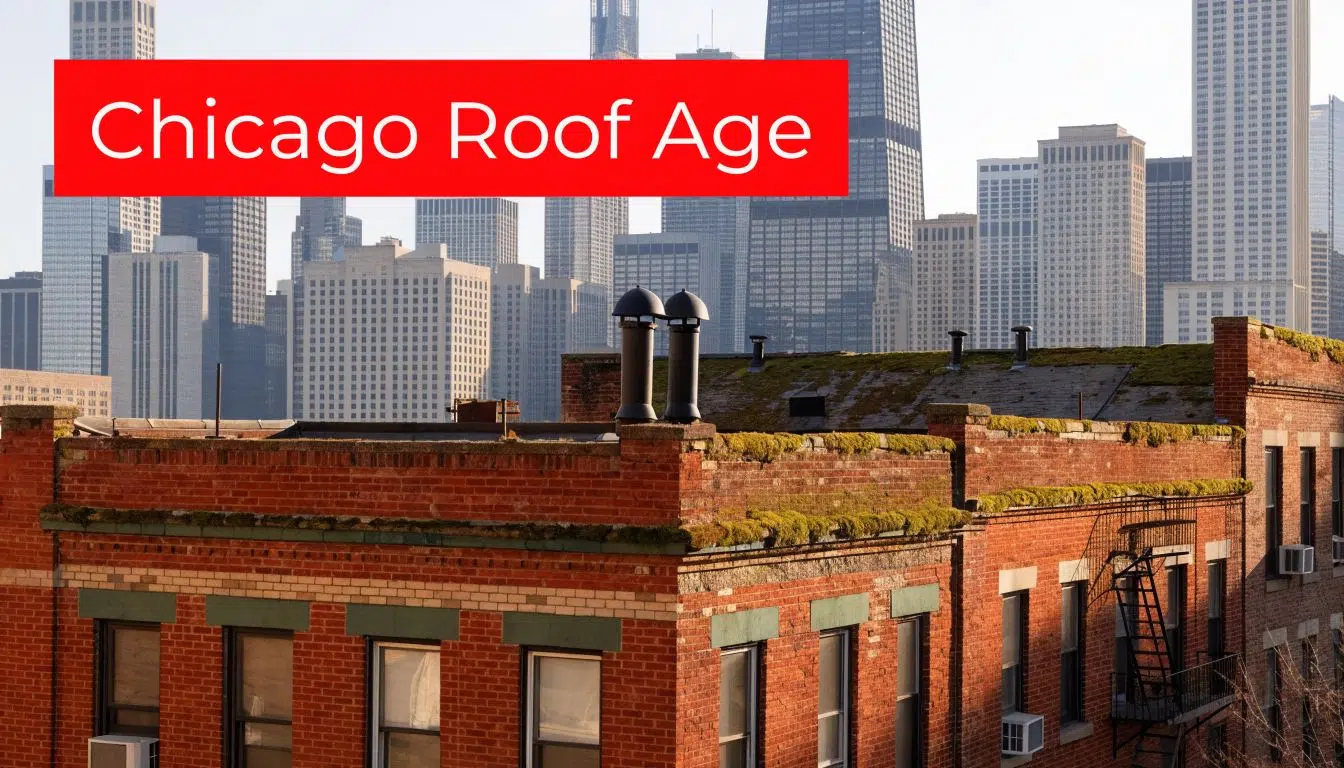 Can You Sell a House With a 20 Year Old Roof in Chicago? 1 A view of an old mossy brick building roof against the backdrop of the Chicago city skyline.