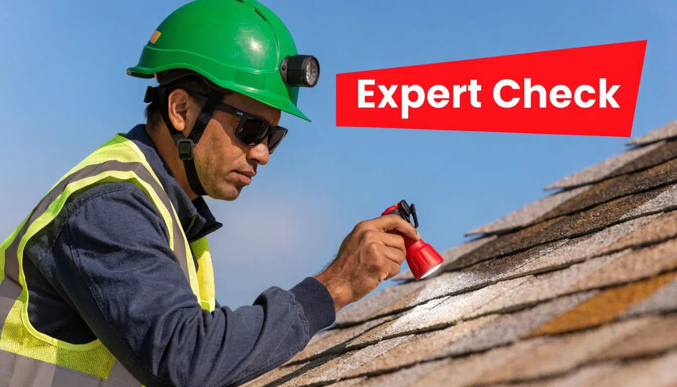 Can You Sell a House With a 20 Year Old Roof in Chicago? 4 A professional roofing inspector wearing a green helmet and high visibility vest examines a house roof.