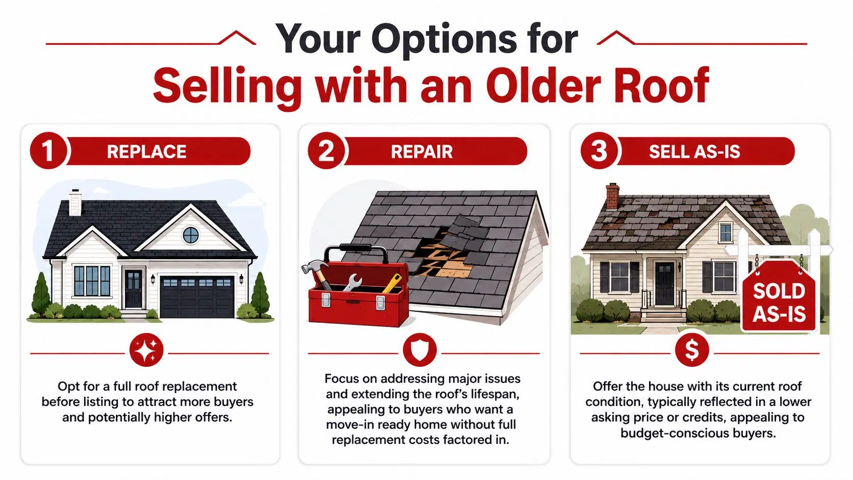 Can You Sell a House With a 20 Year Old Roof in Chicago? 2 A graphic showing three options for selling a home with an old roof: replace, repair, or sell as-is.