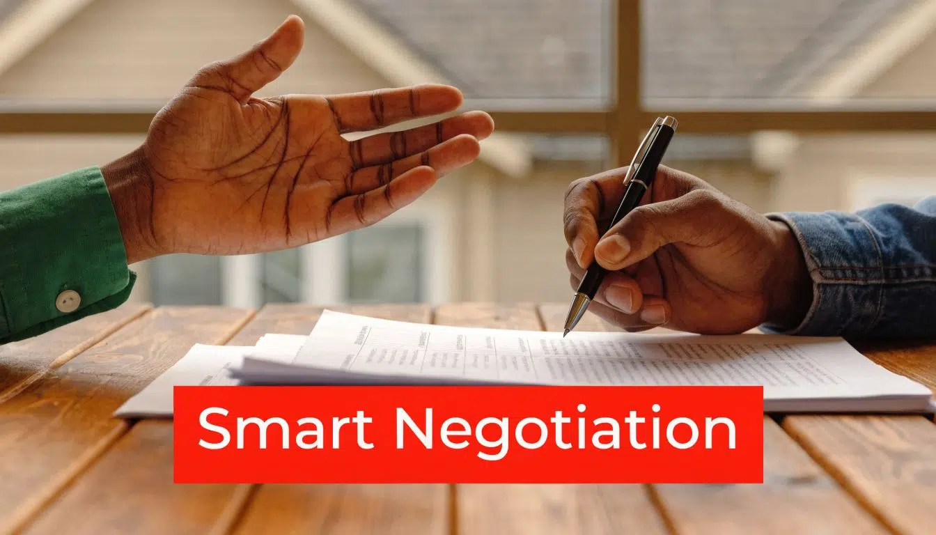 Can You Sell a House With a 20 Year Old Roof in Chicago? 3 Two people signing a document on a wooden table, emphasizing the concept of smart negotiation.