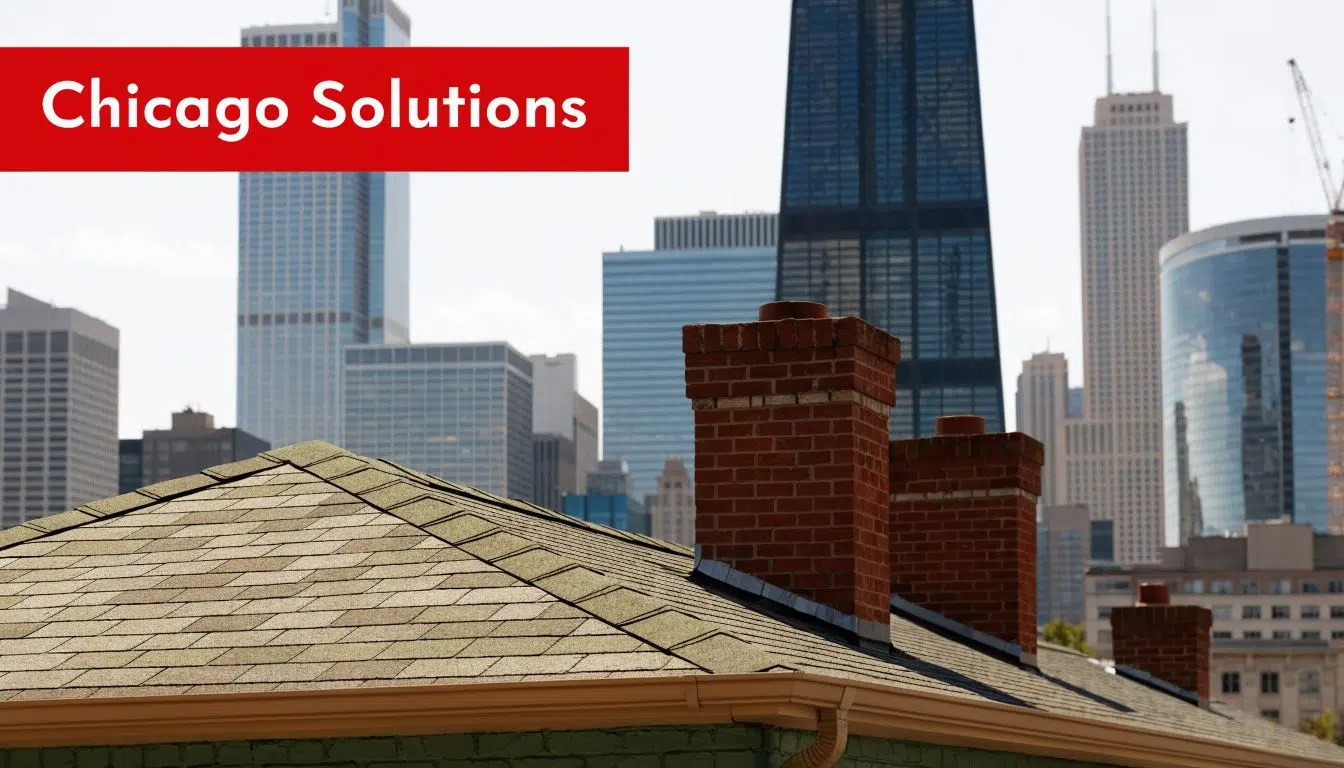 A close-up view of a shingled roof with brick chimneys against a blurred Chicago skyline background.