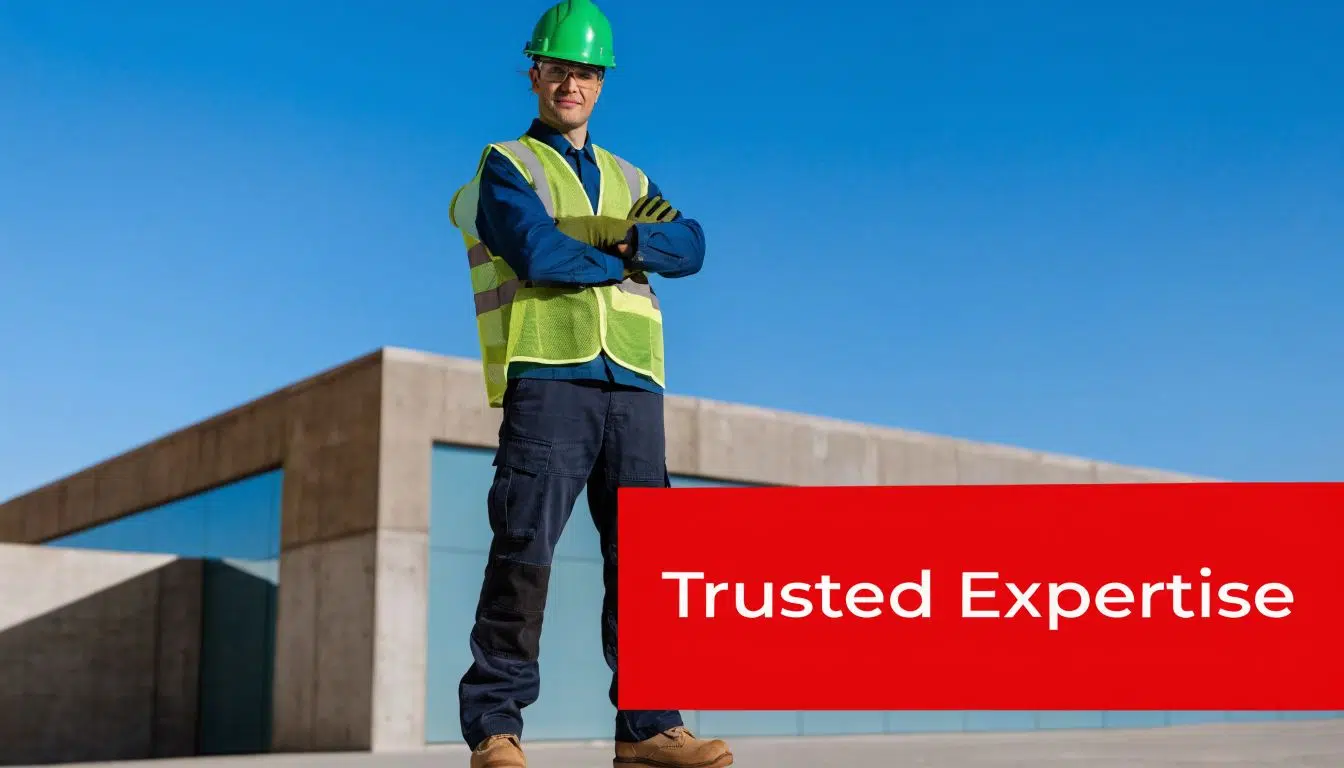 A professional construction worker in protective gear standing confidently in front of a modern concrete building.