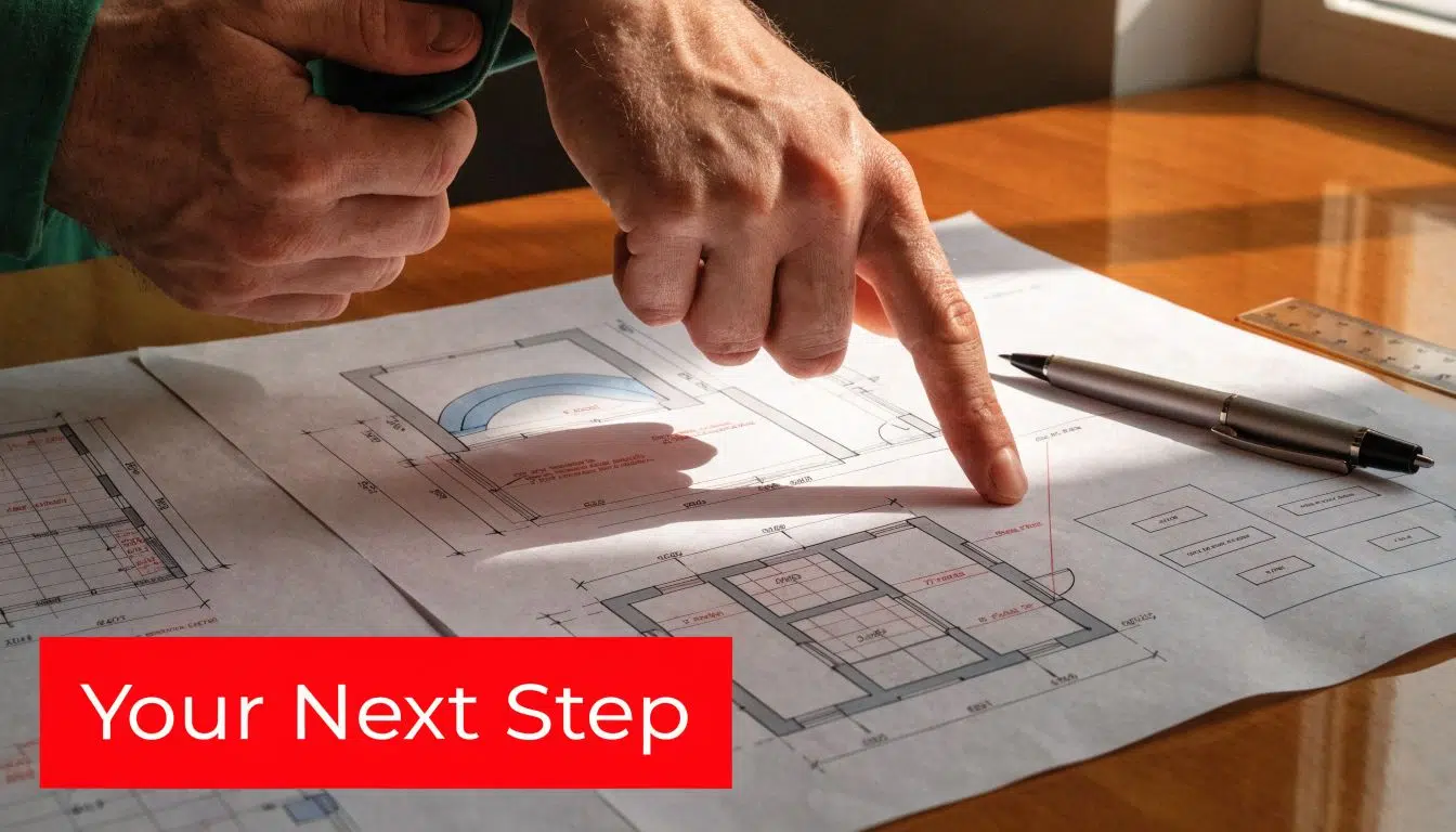 A construction professional pointing at a house floor plan on a wooden table with a pen.