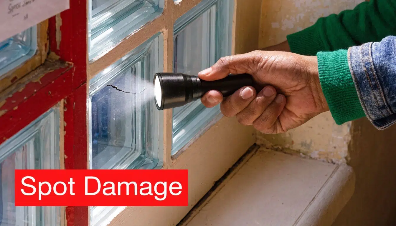 Glass Block Window Repair: A Chicago Homeowner's Guide 2 A hand using a flashlight to inspect a cracked glass block window, highlighting potential structural damage.