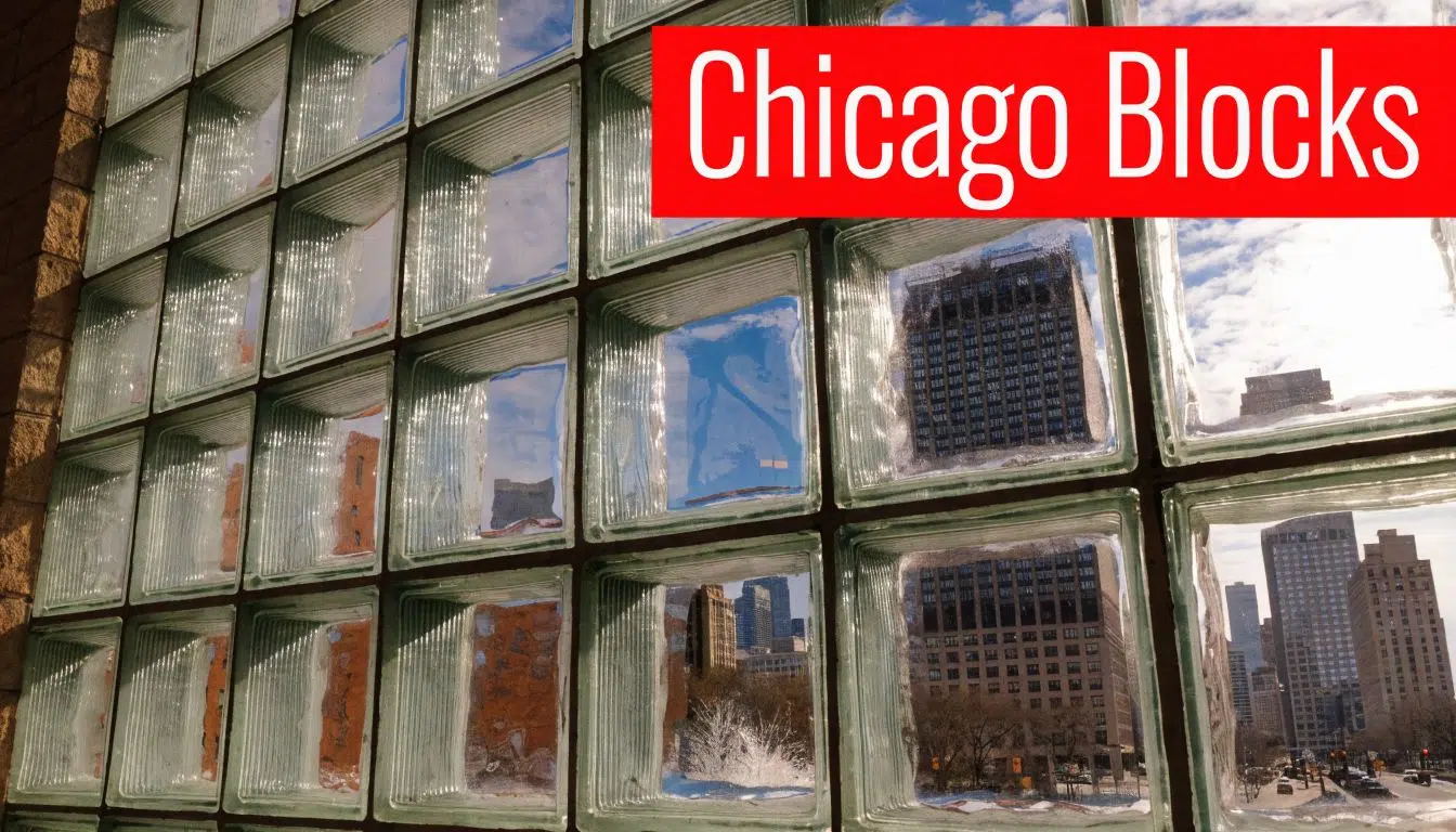 Glass Block Window Repair: A Chicago Homeowner's Guide 1 A close-up view of a Chicago glass block wall reflecting the surrounding city skyscrapers and sky.