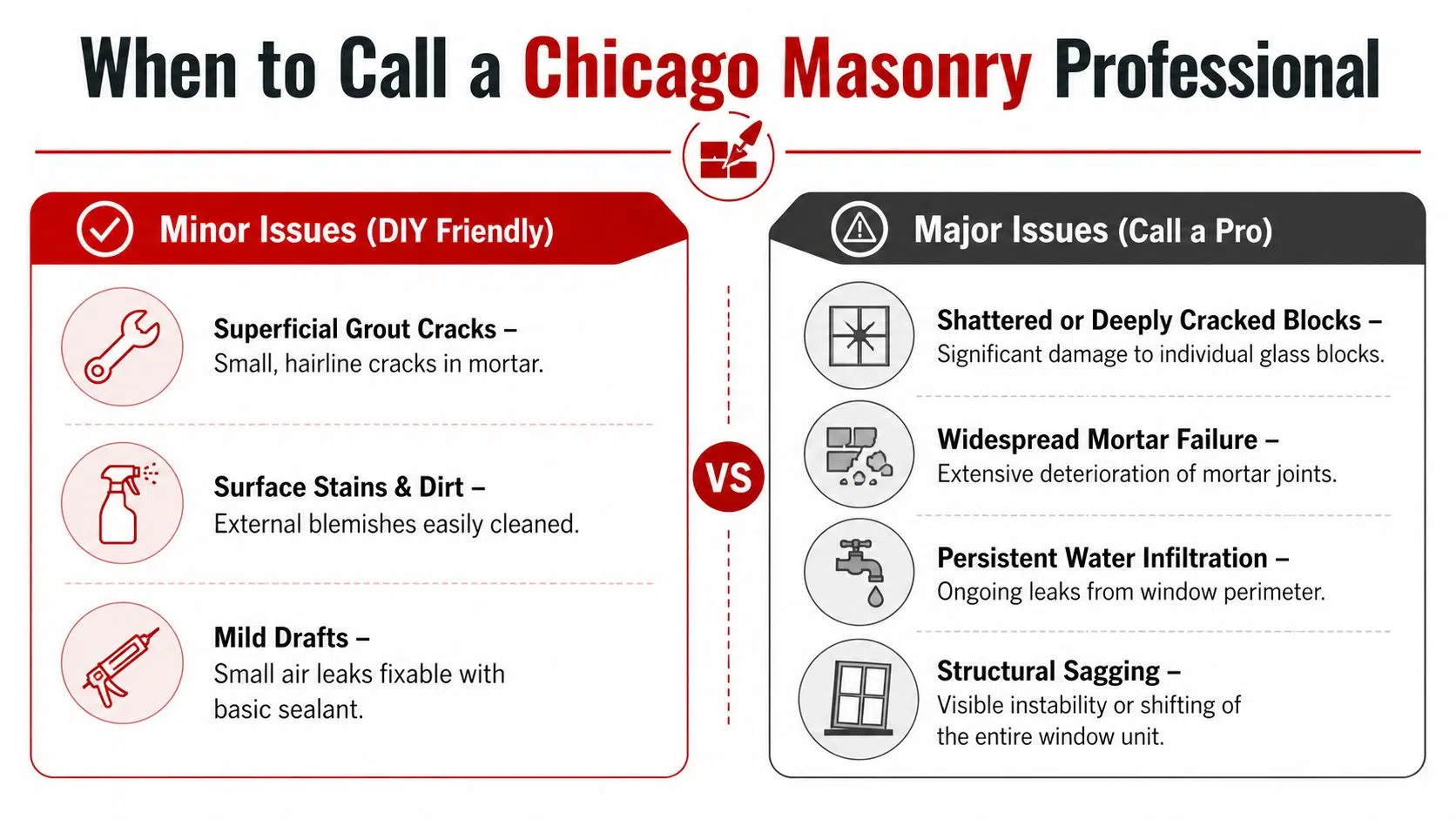 Glass Block Window Repair: A Chicago Homeowner's Guide 4 An infographic comparing minor DIY masonry issues versus major glass block window problems requiring a professional.