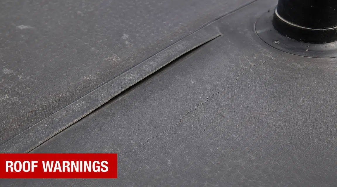 How Long Will an EPDM Roof Last in Illinois? 2 A close-up view of a cracked EPDM rubber roofing membrane near a pipe flashing installation.