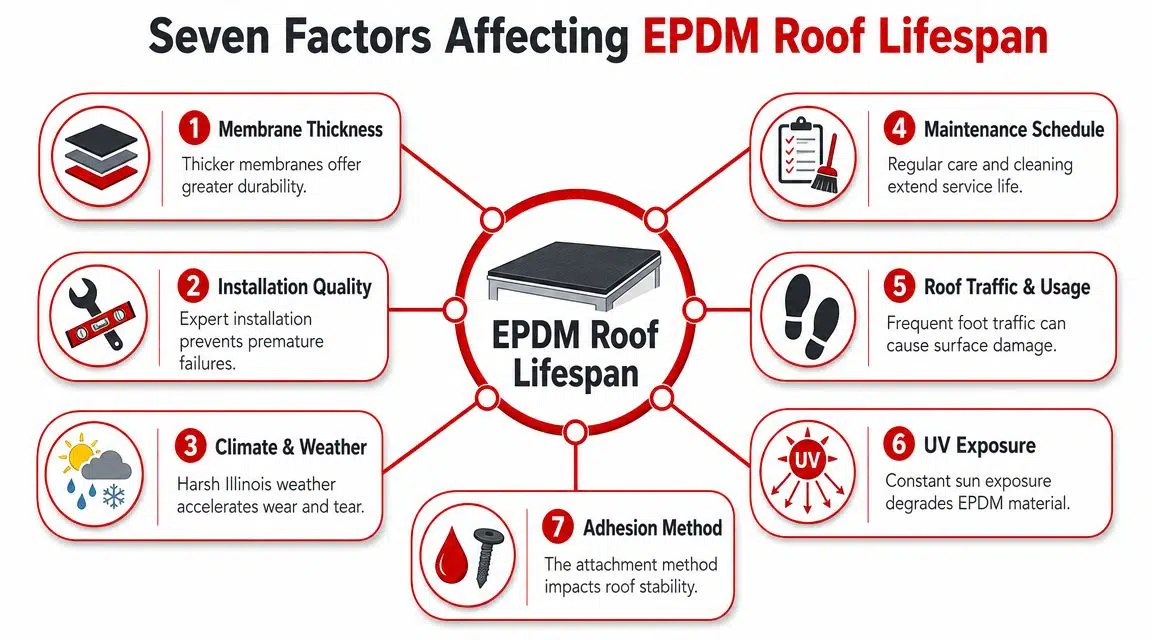 How Long Will an EPDM Roof Last in Illinois? 1 A diagram outlining seven key factors influencing the total lifespan of an EPDM roof system.