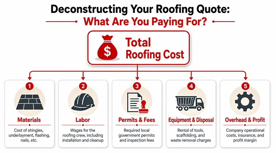 An infographic showing the five main factors that make up the total cost of a roofing project.