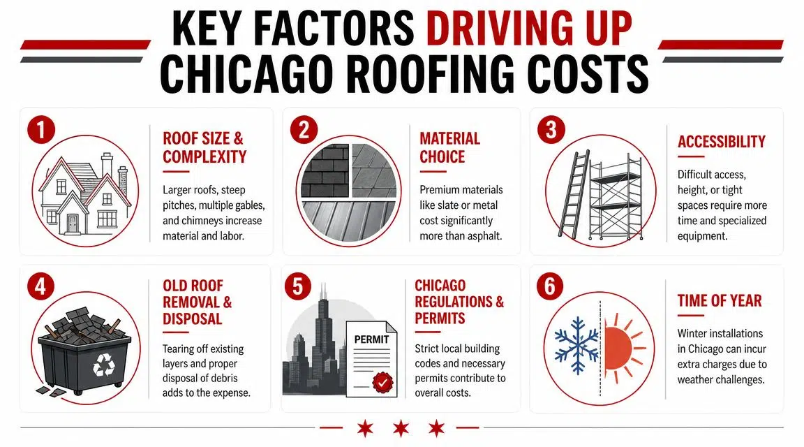 An infographic showing six key factors influencing roofing costs in Chicago, including material, permits, and complexity.