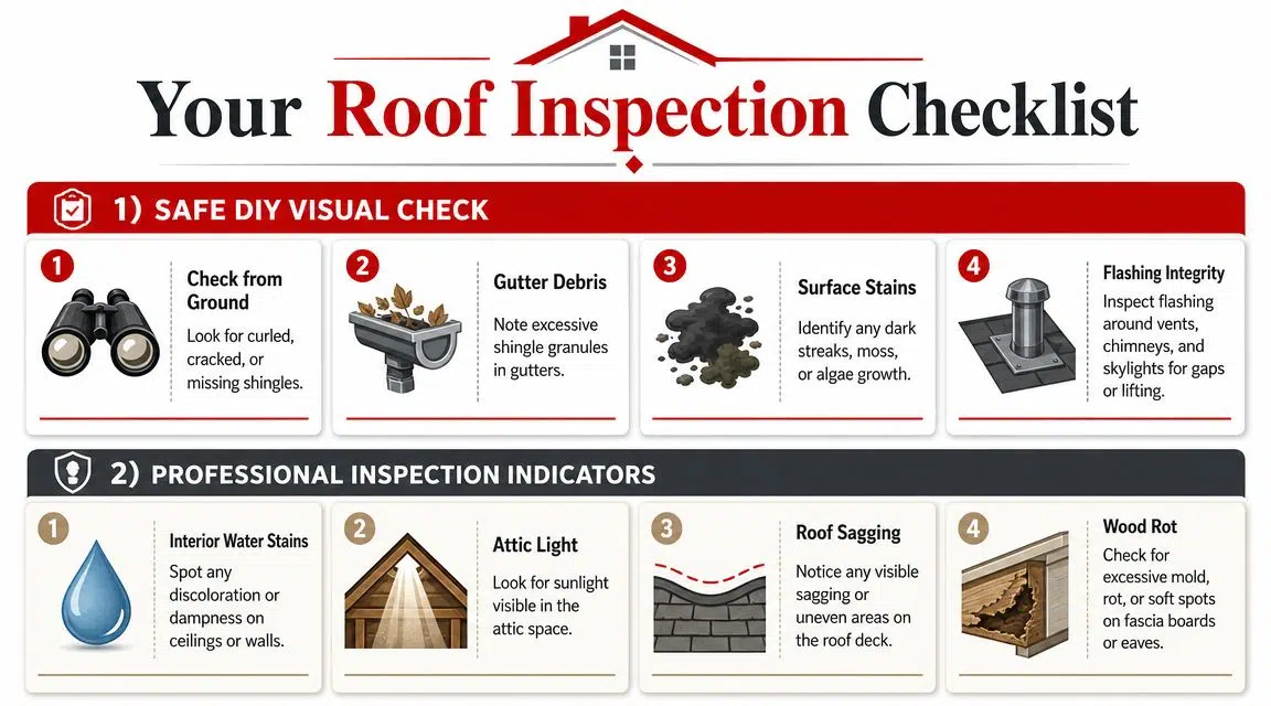 Is a 15 Year Old Roof Good in Chicago? 2026 Guide 2 A visual guide titled Your Roof Inspection Checklist detailing safe DIY checks and professional inspection indicators for roofs.