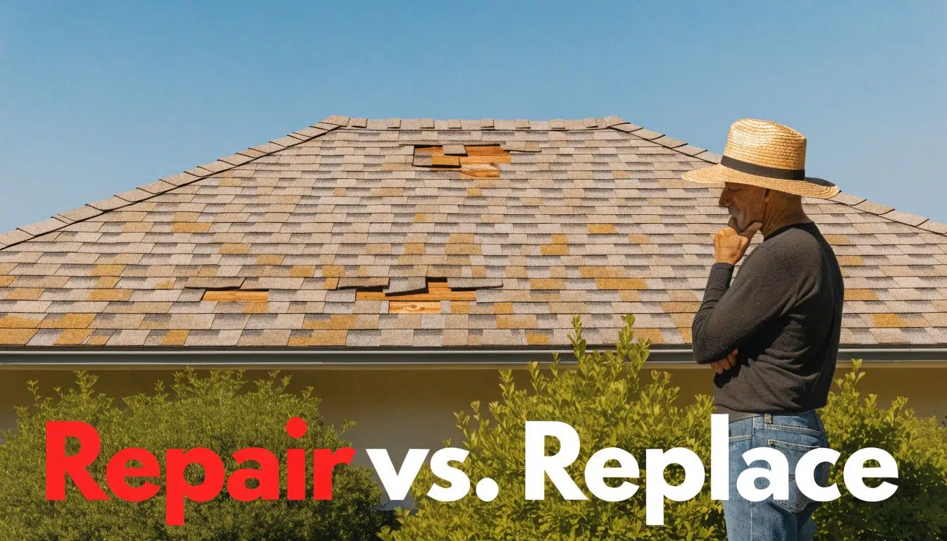 Is a 15 Year Old Roof Good in Chicago? 2026 Guide 3 An older man wearing a straw hat contemplates whether to repair or replace his damaged roof.