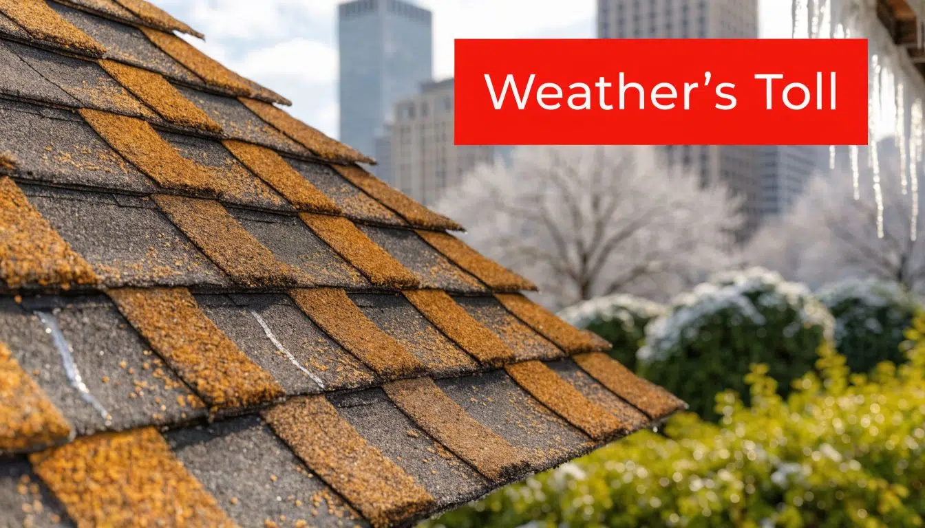 Is a 15 Year Old Roof Good in Chicago? 2026 Guide 1 A close-up view of weathered asphalt roof shingles with moss and grit, indicating potential damage from climate.