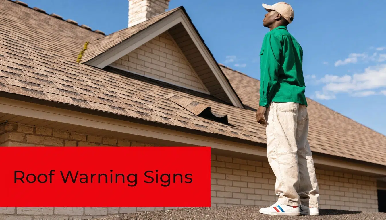 Is a 20 Year Old Roof Too Old in Chicago? An Expert's View 3 A man wearing a green shirt and hat standing outside inspecting a damaged roof for warning signs.