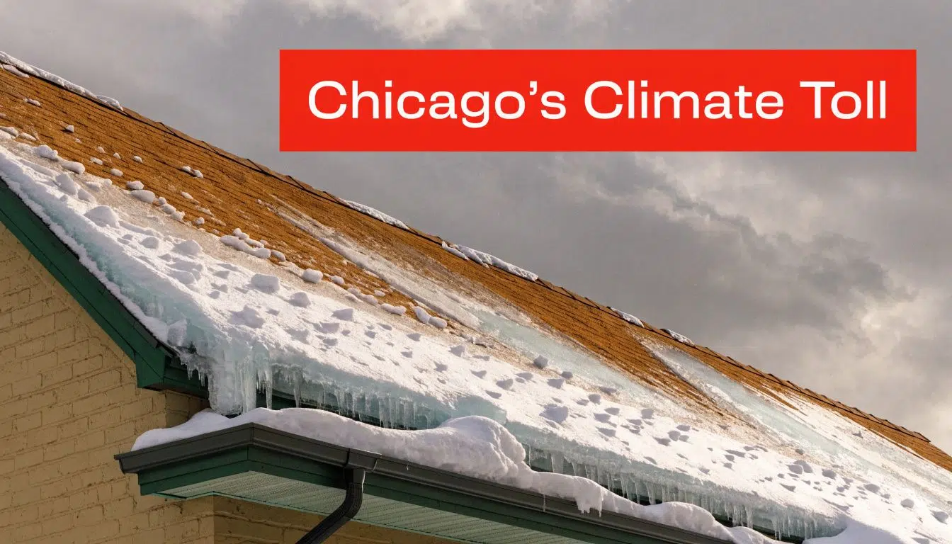 Is a 20 Year Old Roof Too Old in Chicago? An Expert's View 1 A snow-covered house roof with icicles hanging from the gutters under a cloudy Chicago winter sky.