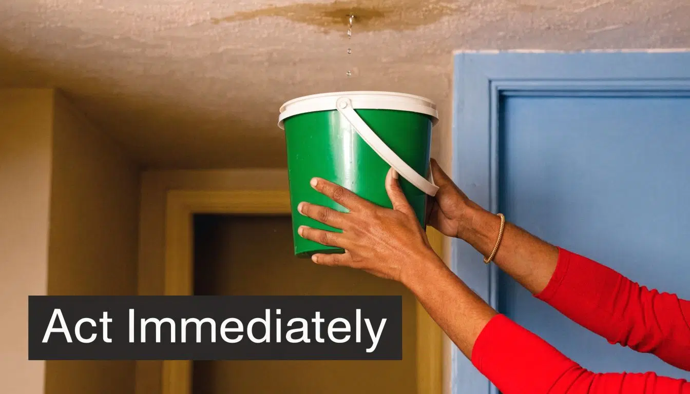 Is It Normal for a Roof to Leak in Heavy Rain in Illinois 3 A person holding a green bucket under a leaking ceiling to catch water droplets indoors.