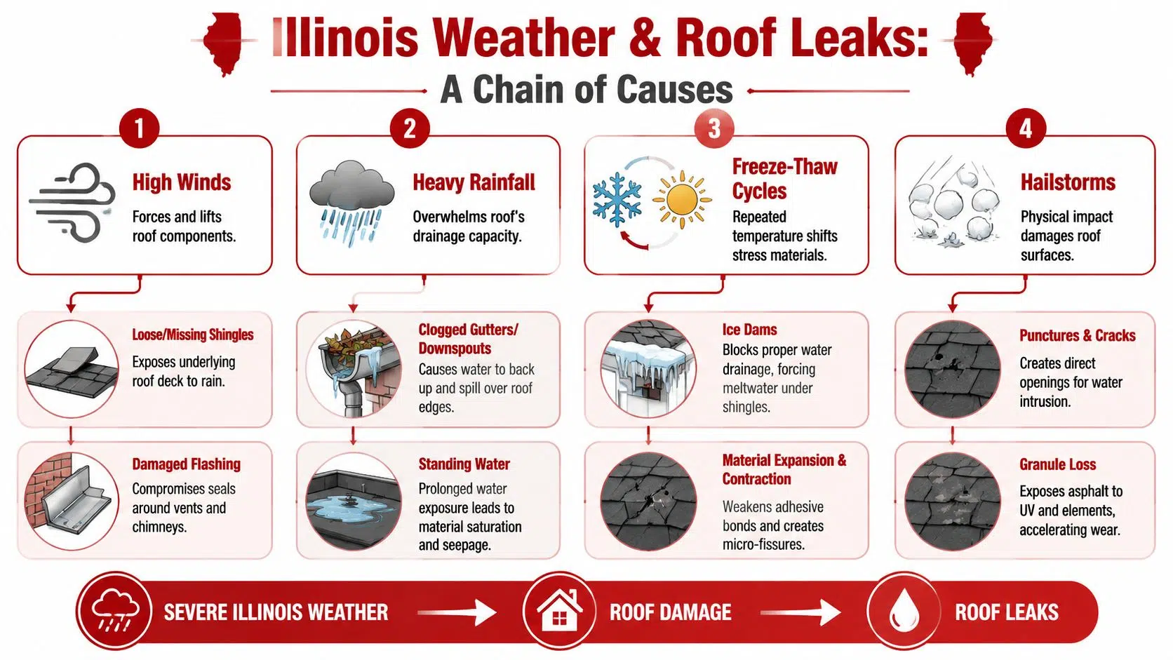 Is It Normal for a Roof to Leak in Heavy Rain in Illinois 2 An infographic showing how severe Illinois weather conditions like wind, rain, and hail cause roof damage and leaks.