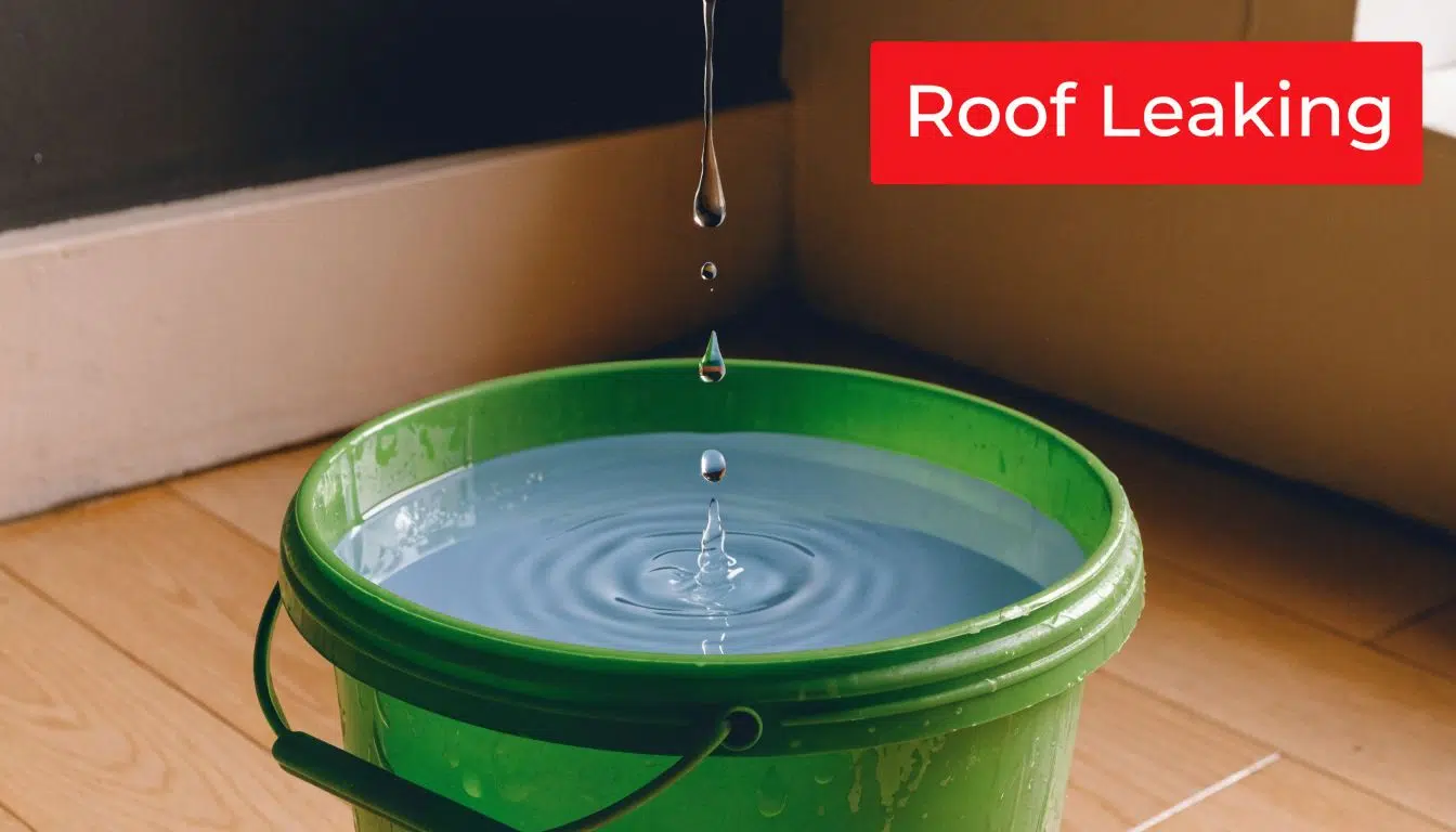 Is It Normal for a Roof to Leak in Heavy Rain in Illinois 1 A green bucket on a wooden floor catching water droplets from a leaking roof indoors.