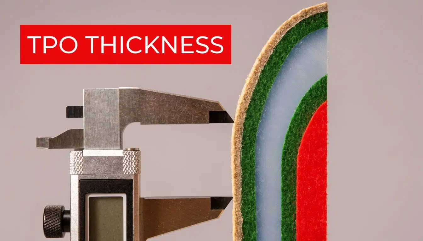TPO Roofing Thickness: A Chicago Guide (45, 60, 80 Mil) 1 A digital caliper measuring the edge of a multi-layered TPO roofing material sample against a neutral background.