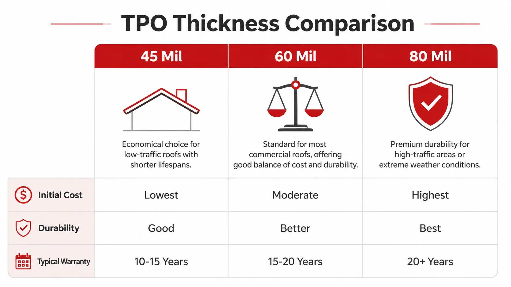 TPO Roofing Thickness: A Chicago Guide (45, 60, 80 Mil) 2 A chart comparing 45 mil, 60 mil, and 80 mil TPO roofing thickness based on cost, durability, and warranty.