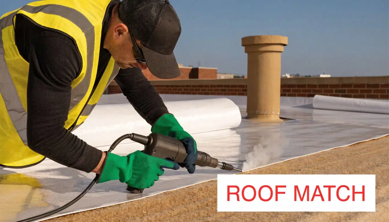 TPO Roofing Thickness: A Chicago Guide (45, 60, 80 Mil) 3 A professional construction worker uses a heat welding tool to install white TPO roofing material.