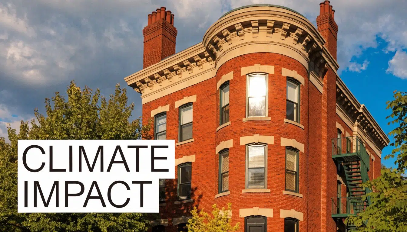 What Color Roof Increases Home Value in Chicago? 2026 Guide 3 A classic brick Chicago apartment building with a curved facade and green fire escape under a sky.