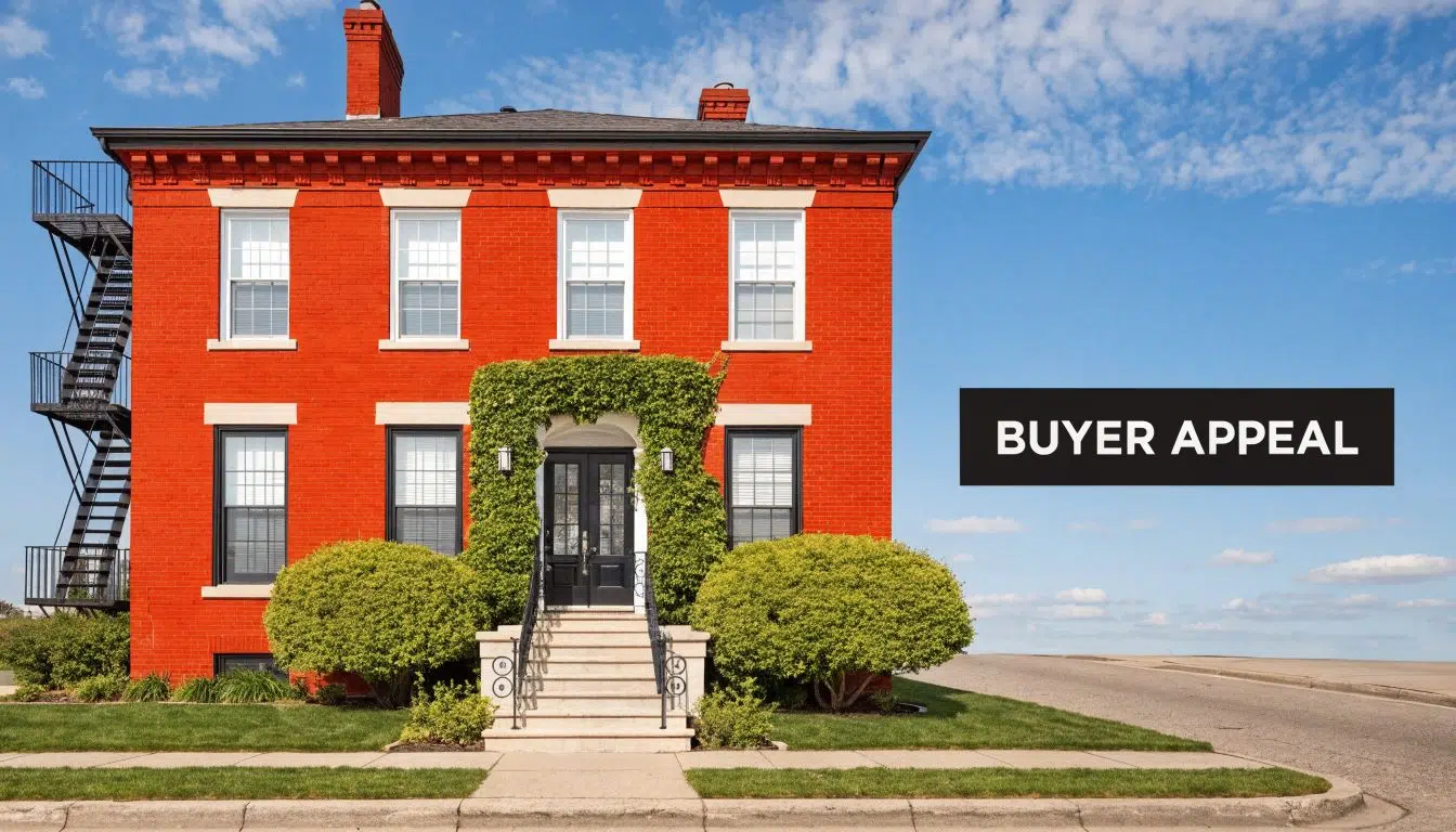 What Color Roof Increases Home Value in Chicago? 2026 Guide 1 A bright red brick historic home in Chicago featuring a black fire escape and lush climbing vines.