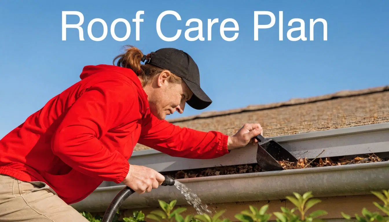 What Is the Average Lifespan of a Roof in Chicago 4 A person in a red hoodie using a scoop and hose to clean gutters on a roof.