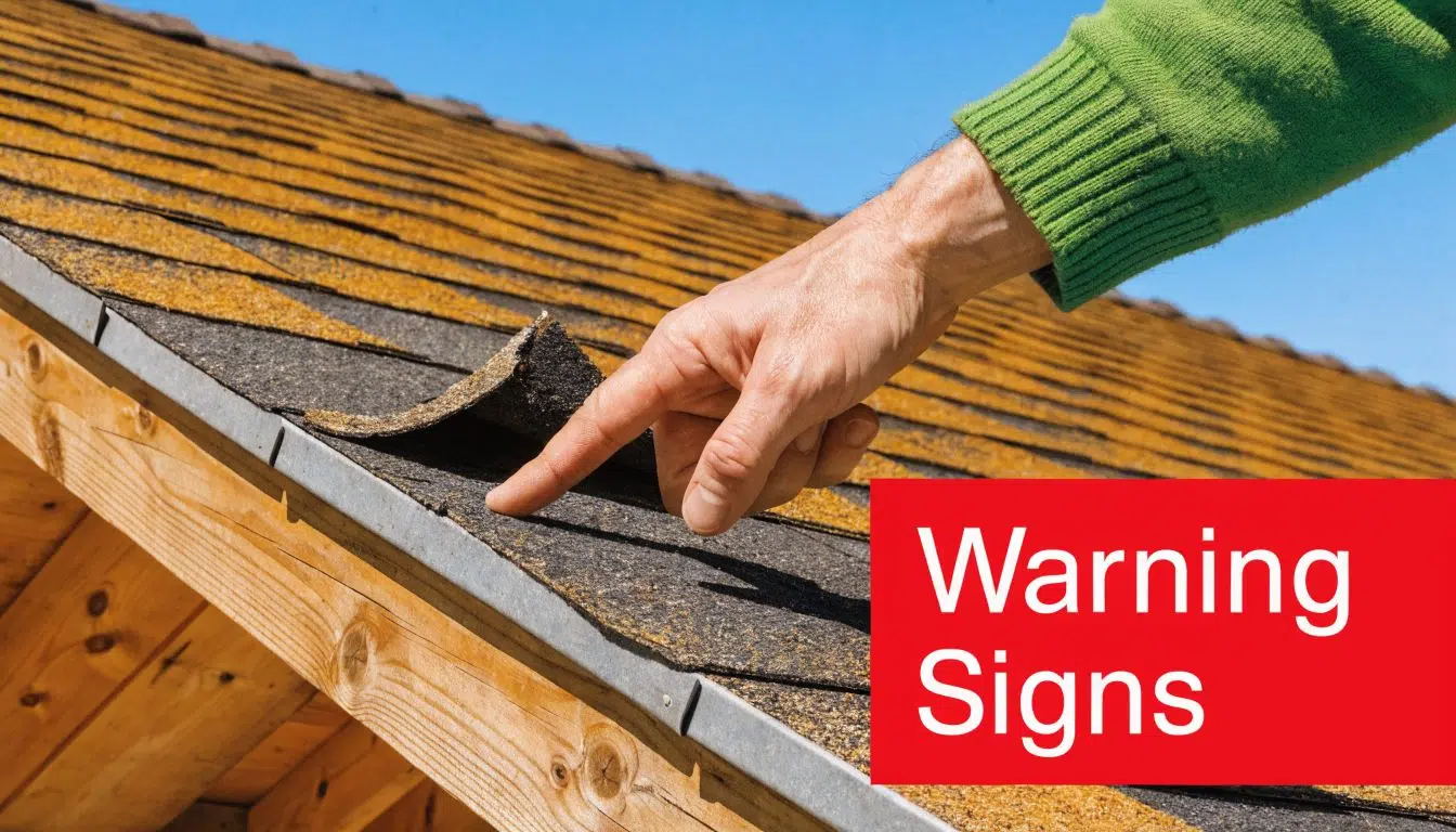 What Is the Average Lifespan of a Roof in Chicago 3 A close-up view of a person pointing at a damaged asphalt shingle on a residential roof.