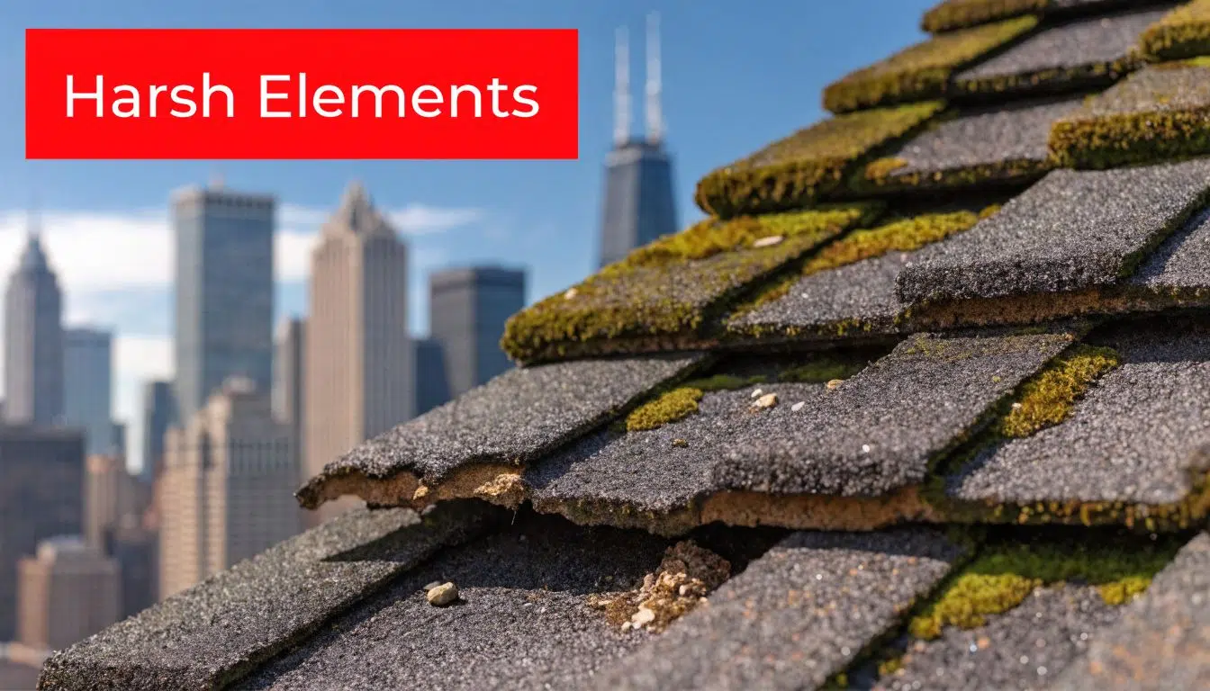 What Is the Average Lifespan of a Roof in Chicago 2 An old roof with shingles covered in green moss with a Chicago city skyline in the background.