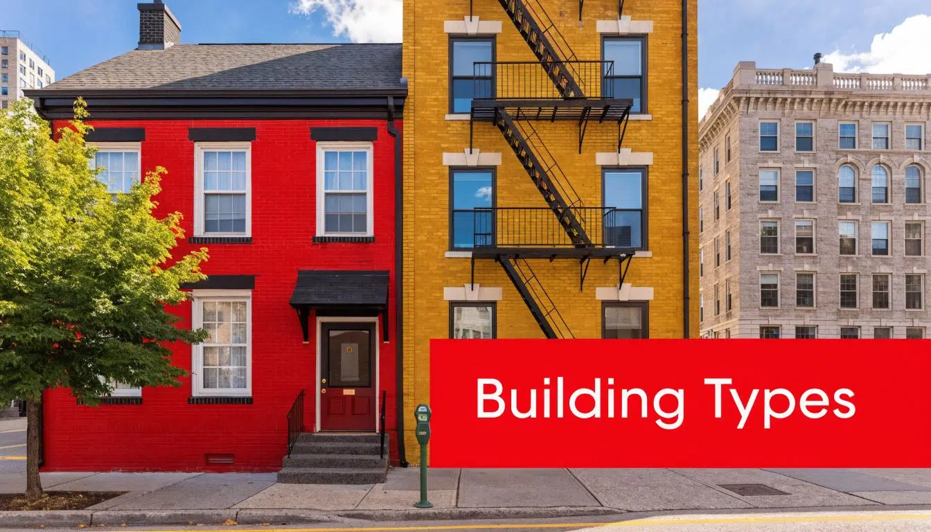 What Is the Best Roof for Your Money in Chicago 4 A red house and a yellow building with a fire escape situated along a city street.