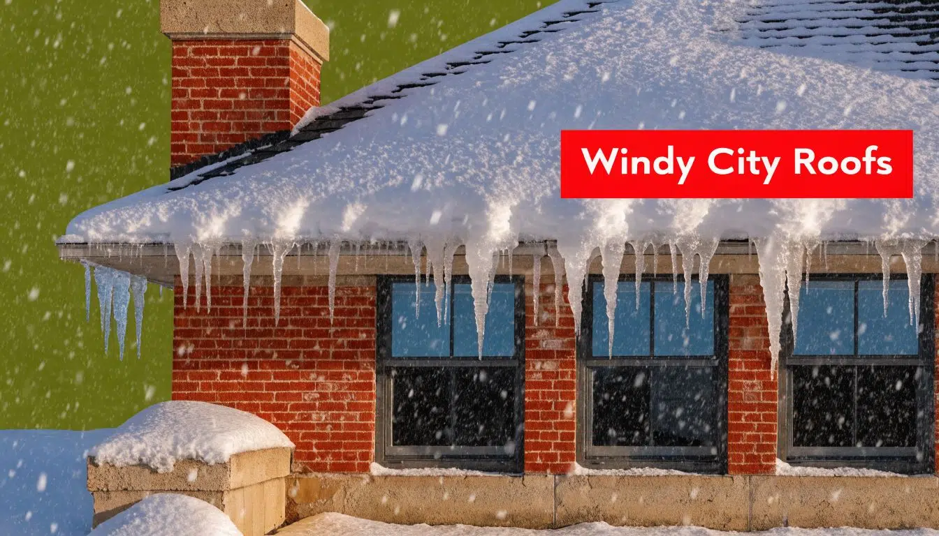 What Is the Best Roof for Your Money in Chicago 1 A snow-covered brick house roof with icicles hanging during a winter snowstorm in Chicago.