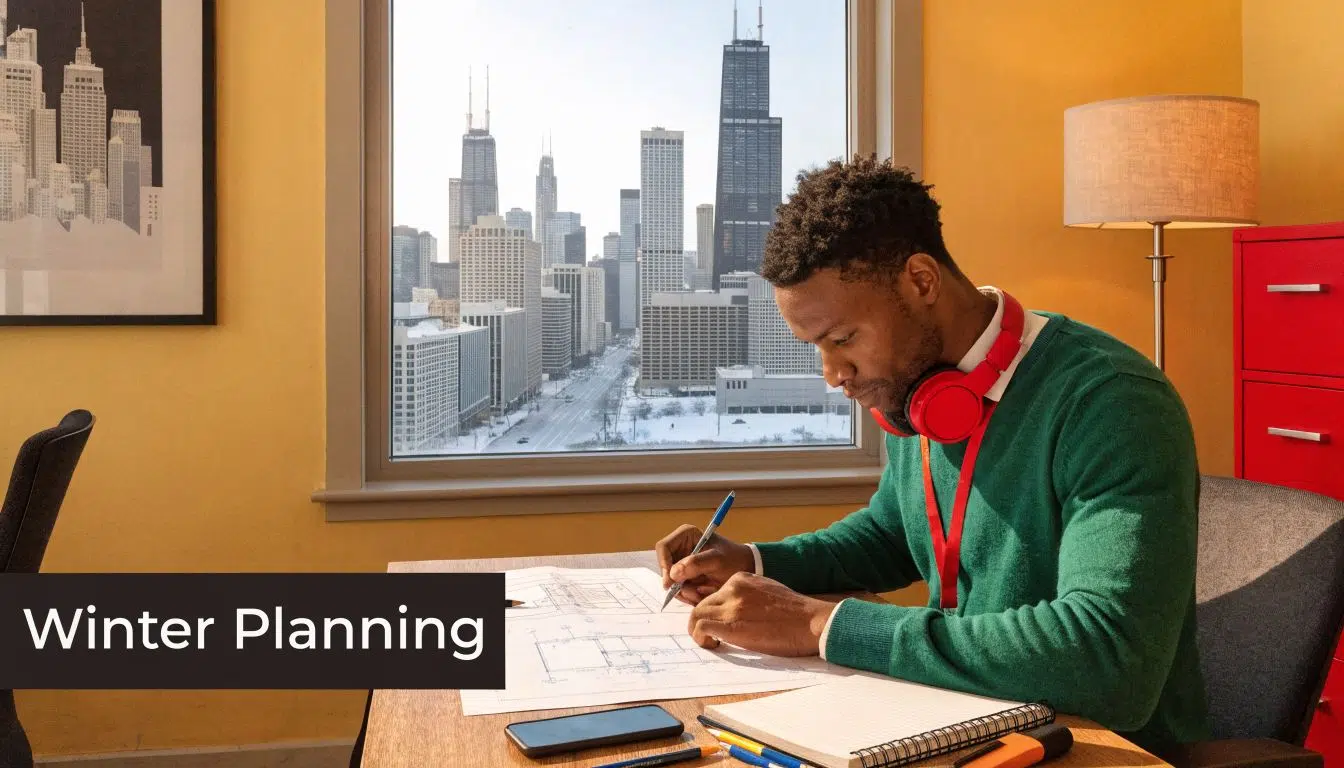 What Is the Cheapest Time of Year to Get a New Roof in Chicago 1 A young man sitting at a desk planning architectural drawings in an office with a Chicago cityscape view.