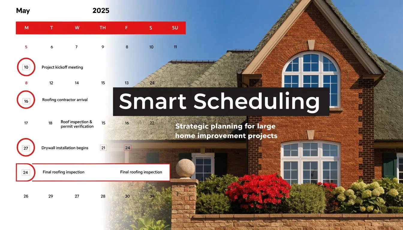 What Is the Cheapest Time of Year to Get a New Roof in Chicago 4 A calendar for May 2025 detailing a strategic home improvement project schedule for roofing and drywall tasks.