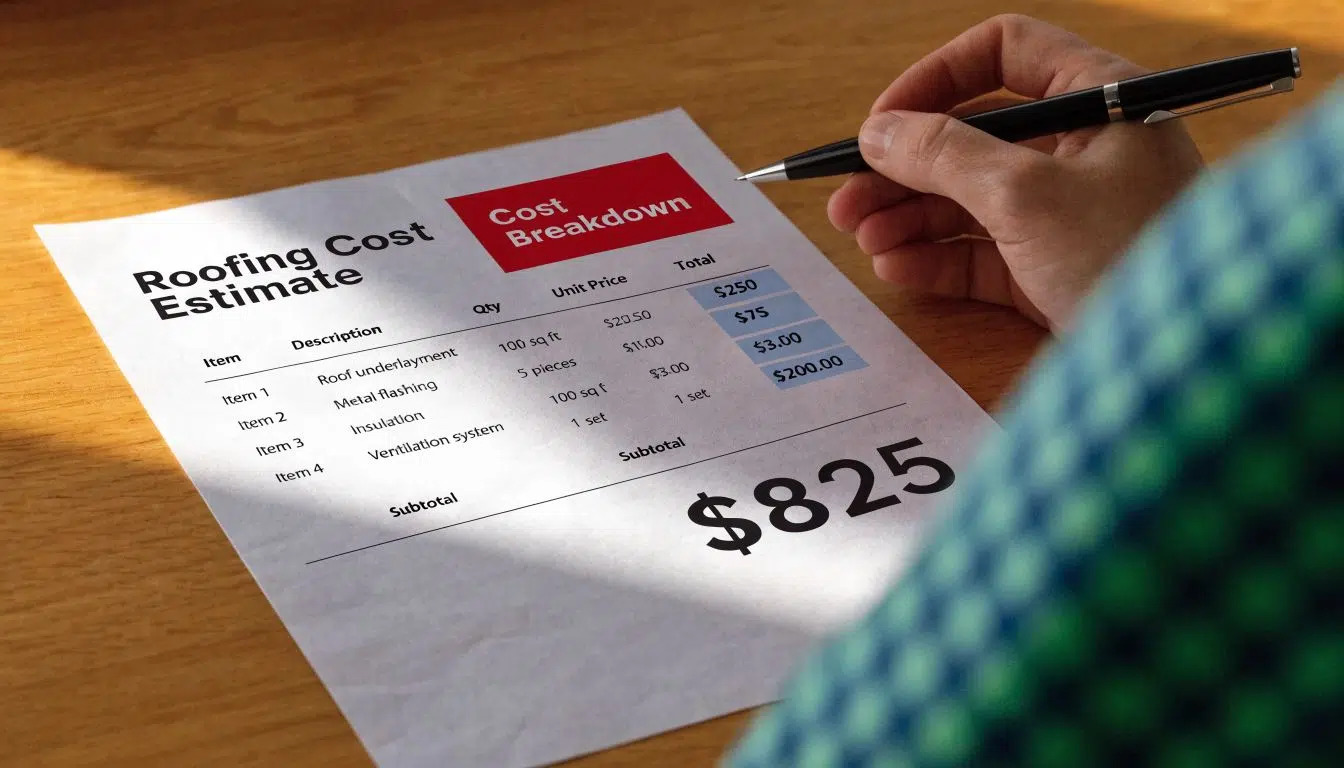 What Is the Cheapest Time of Year to Get a New Roof in Chicago 3 A close-up view of a hand holding a pen over a printed roofing cost estimate document.