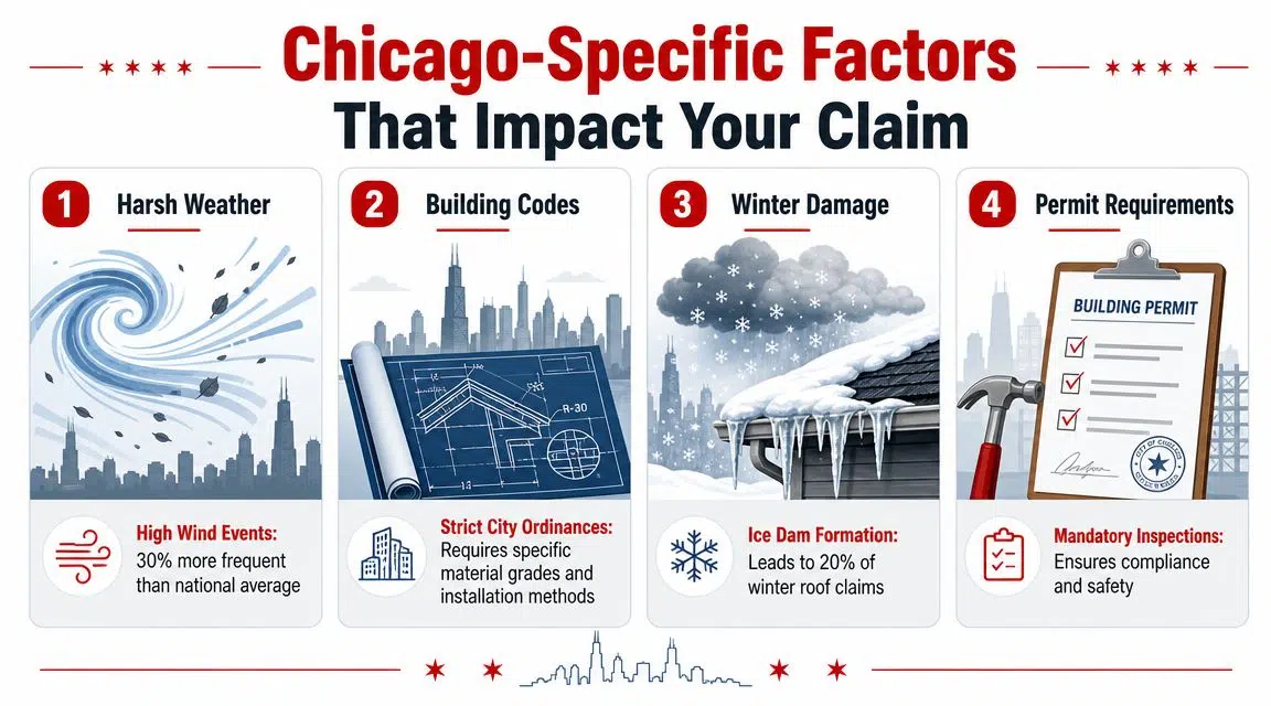 An infographic detailing four Chicago-specific factors impacting roof damage claims, including weather, building codes, and permits.