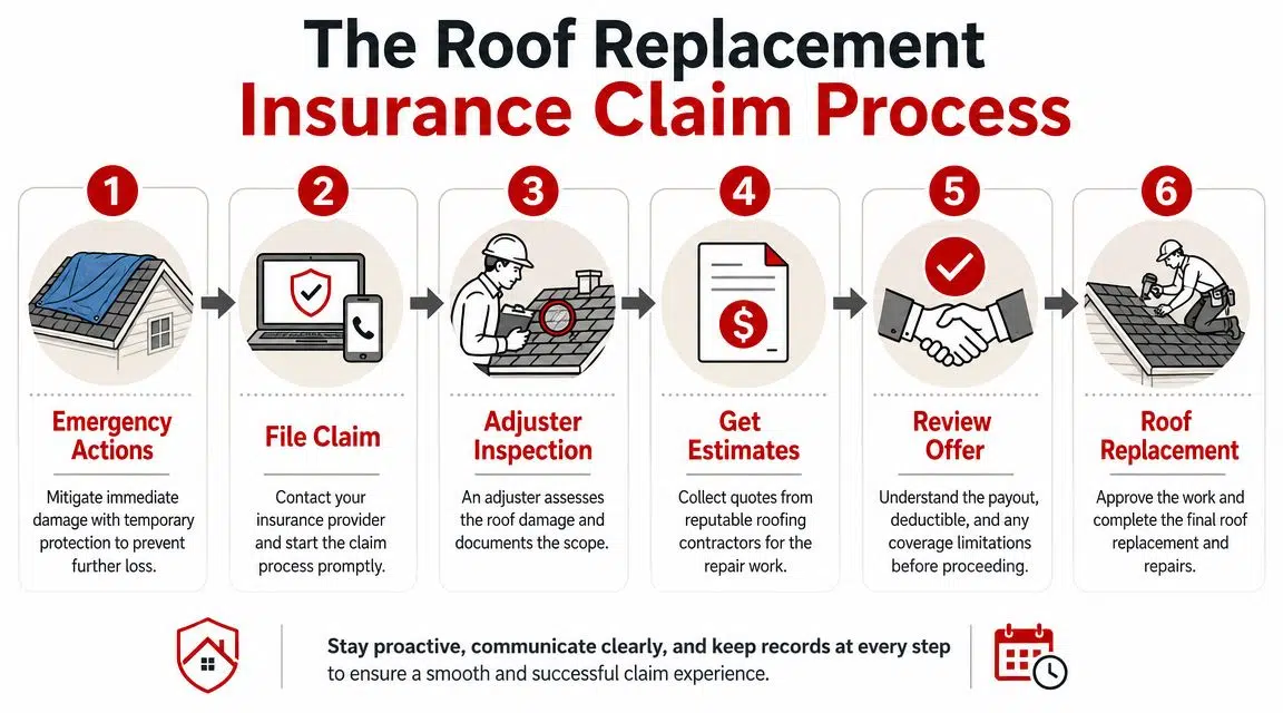A six-step infographic illustrating the roof replacement insurance claim process from emergency actions to final repairs.