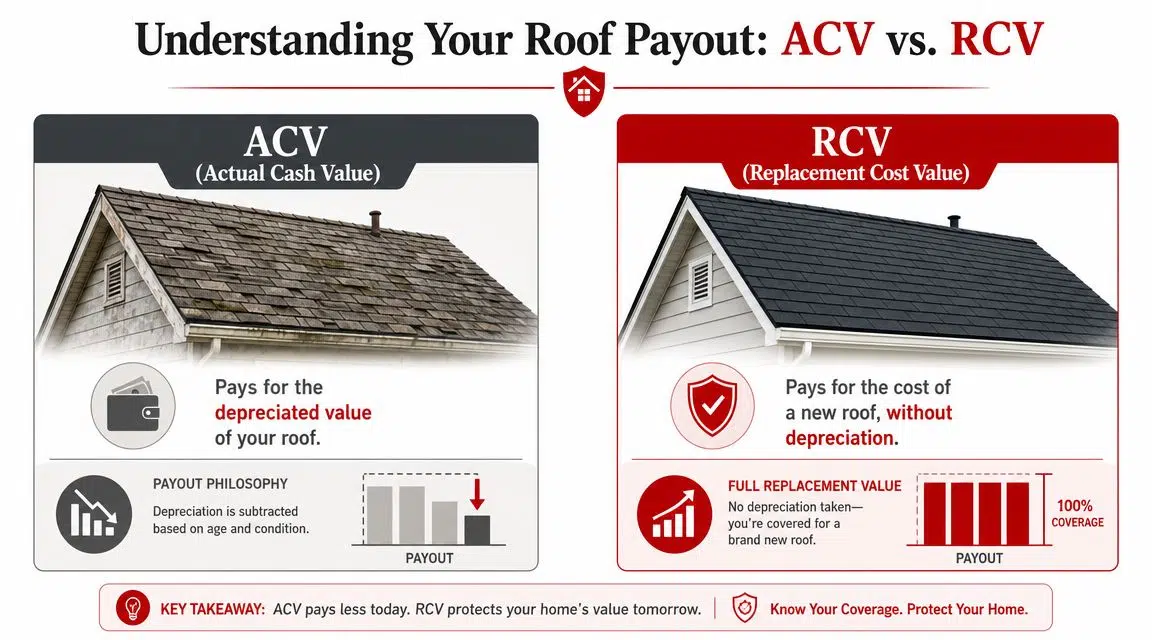 A diagram comparing Actual Cash Value and Replacement Cost Value policies for home roof insurance claims.