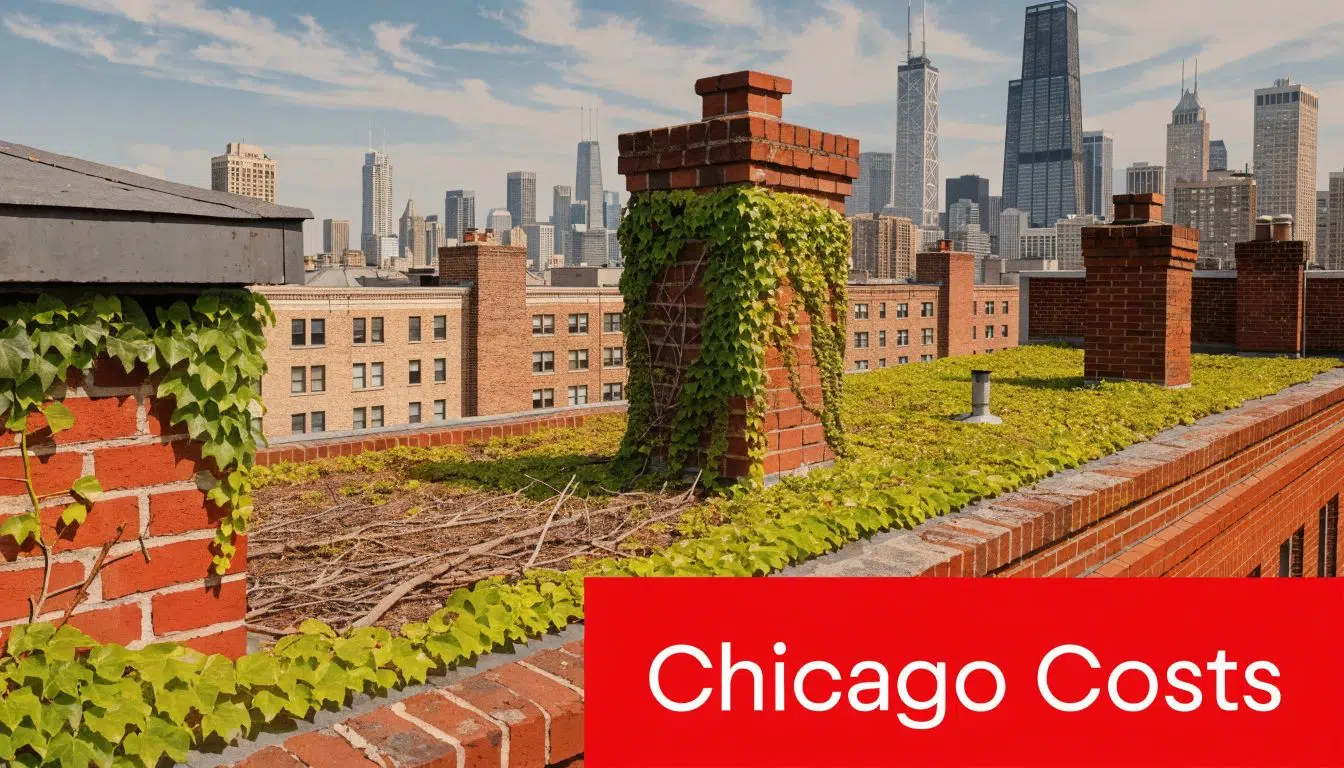 What Is The Most Expensive Part Of Replacing A Roof In Chicago? 3 A rooftop view overlooking the Chicago skyline with brick chimneys covered in climbing ivy plants.