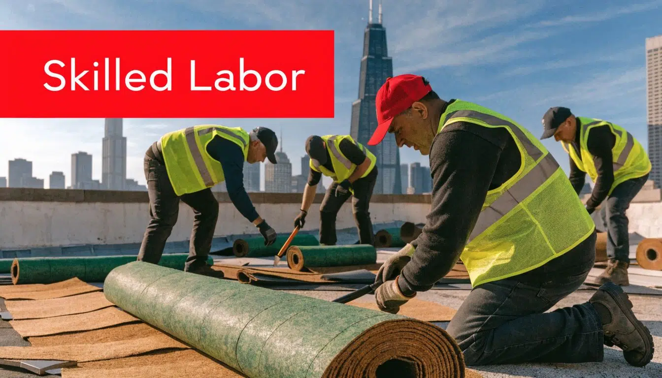 What Is The Most Expensive Part Of Replacing A Roof In Chicago? 1 A crew of construction workers installing green roofing material on a building with the Chicago skyline background.