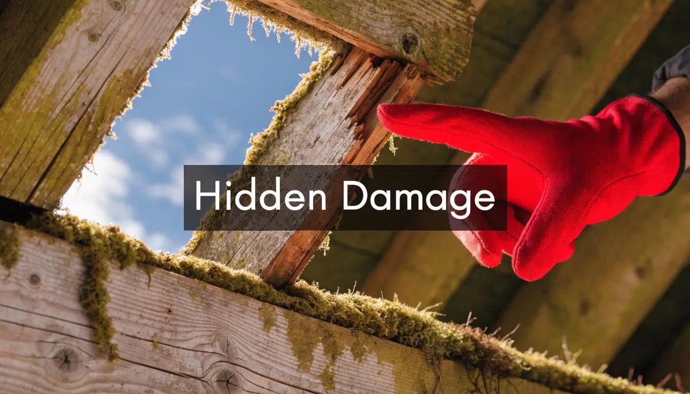 What Is The Most Expensive Part Of Replacing A Roof In Chicago? 4 A hand wearing a red glove pointing at severe wood rot and damage on a roof structure.