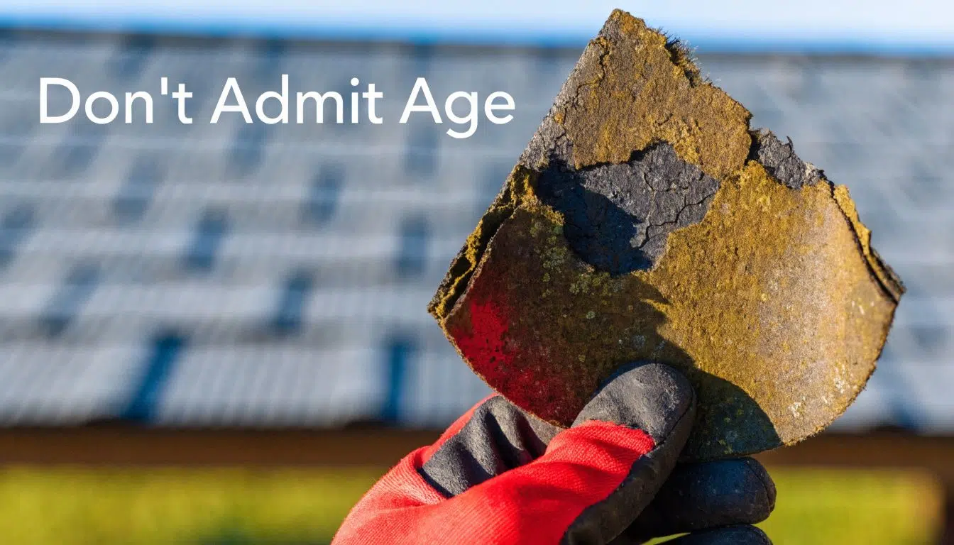What Not to Say to a Roof Insurance Adjuster (7 Tips) 2 A gloved hand holds a damaged piece of an old, weathered asphalt roof shingle for inspection.