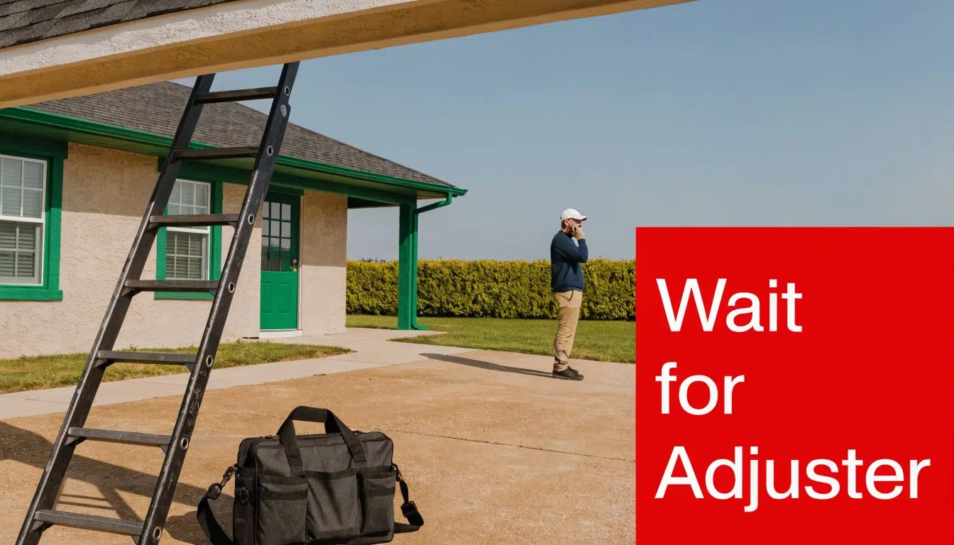 What Not to Say to a Roof Insurance Adjuster (7 Tips) 1 A house insurance adjuster in a cap stands outside a building with a ladder and gear.