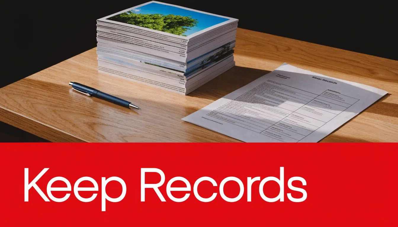 What Not to Say to a Roof Insurance Adjuster (7 Tips) 3 A stack of papers, a blue pen, and a document on a wooden desk with a red header.