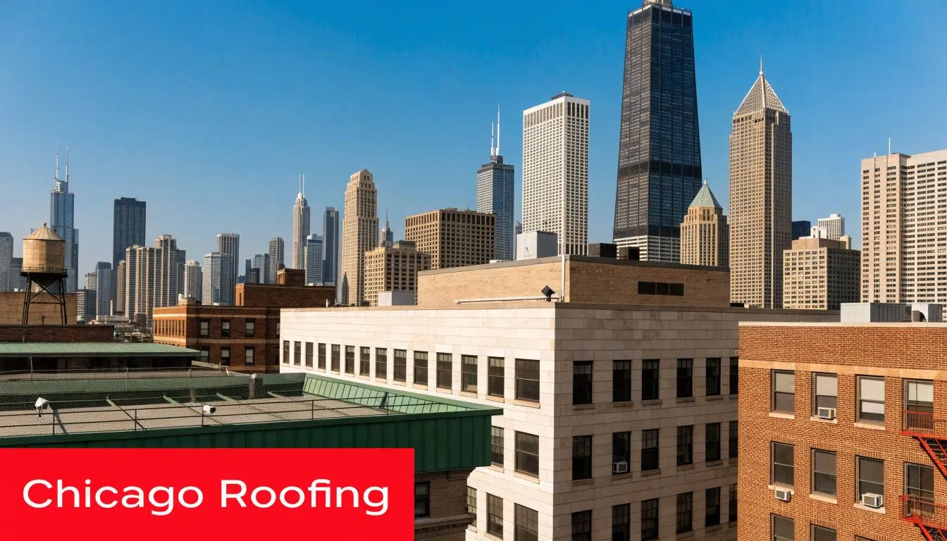 A wide angle view of the Chicago city skyline behind several commercial rooftops under a blue sky.
