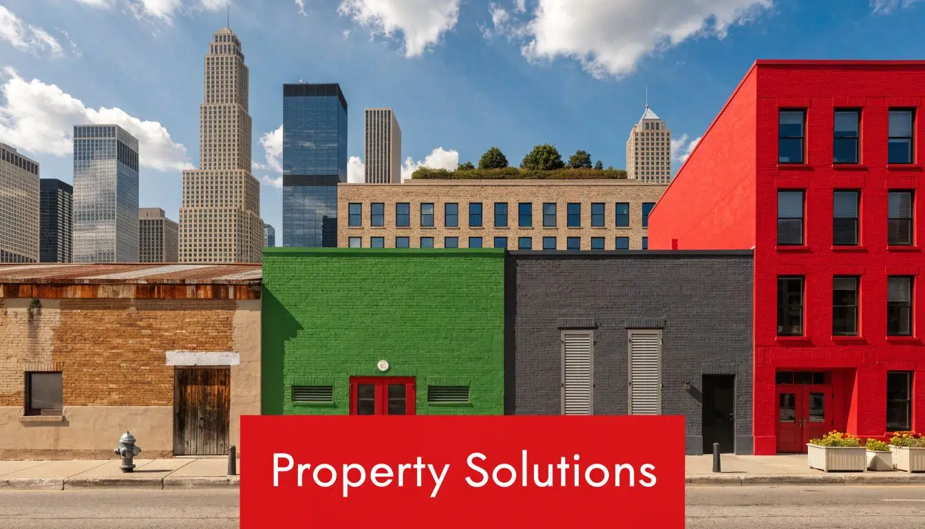 A row of colorful urban commercial buildings featuring varied textures, styles, and a modern city skyline.