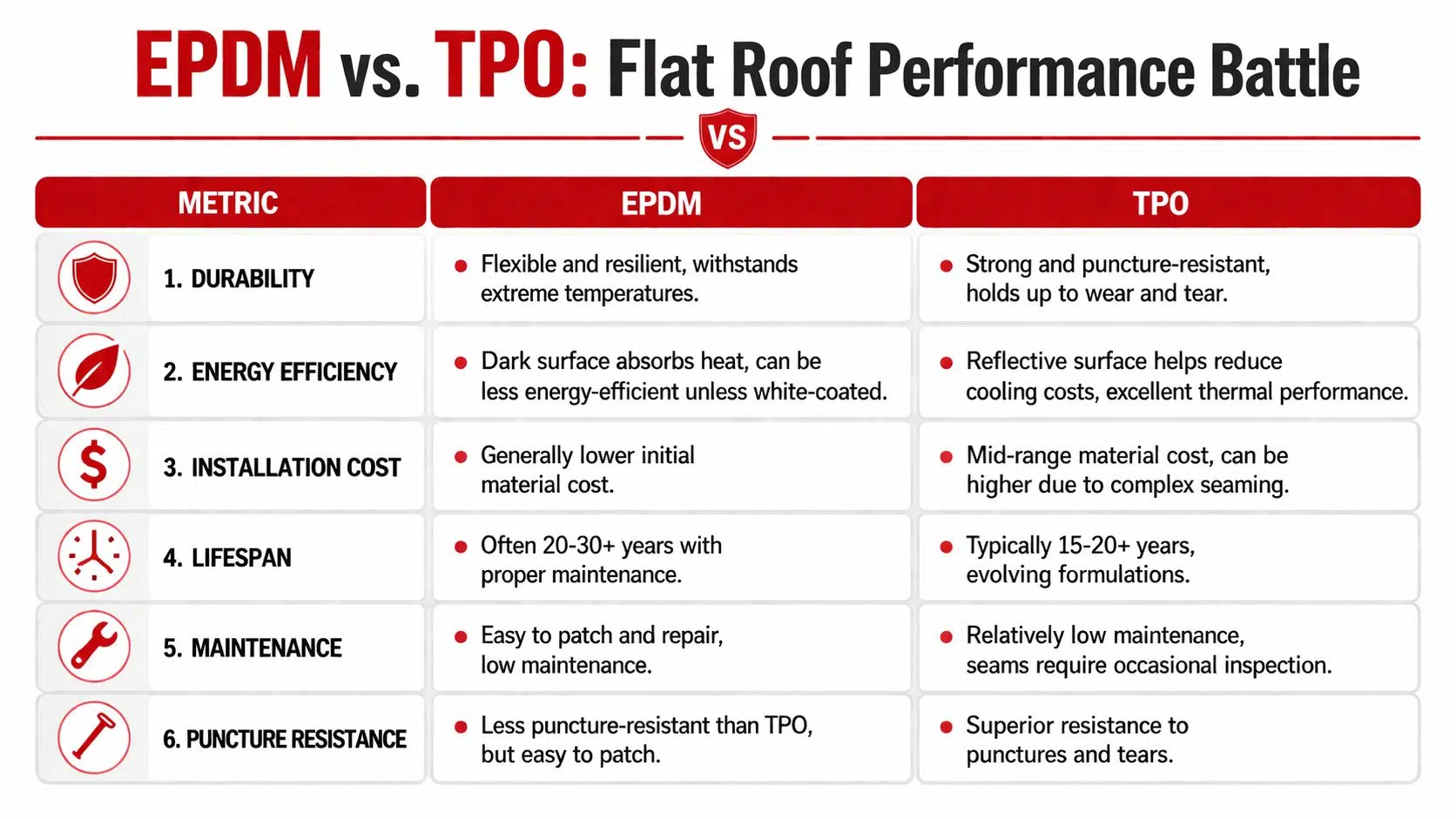A comparison chart showing the differences between EPDM and TPO flat roofing materials across six performance metrics.