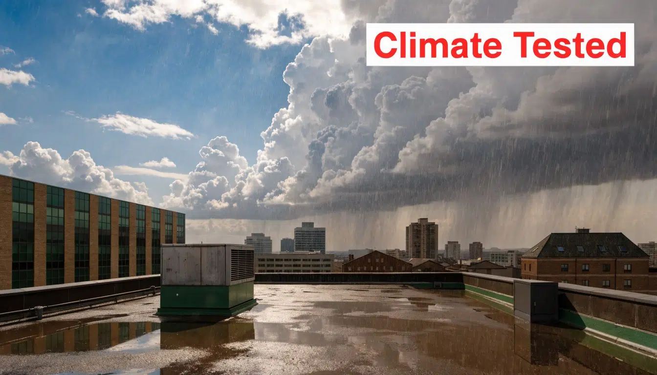 A wet rooftop after a rainstorm with a dramatic dark cloudscape over a city skyline.