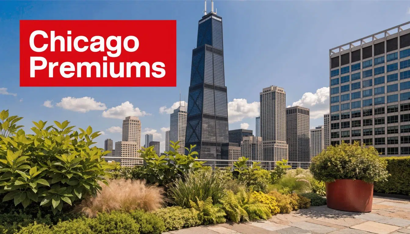 Will Getting a New Roof Lower Your Insurance? A 2026 Guide 2 A scenic rooftop garden terrace overlooking the iconic Chicago skyline with the John Hancock Center visible.